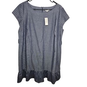 Westport Chambray Striped Dress with Ruffled Hem and Short Sleeves 16P NEW FLAW